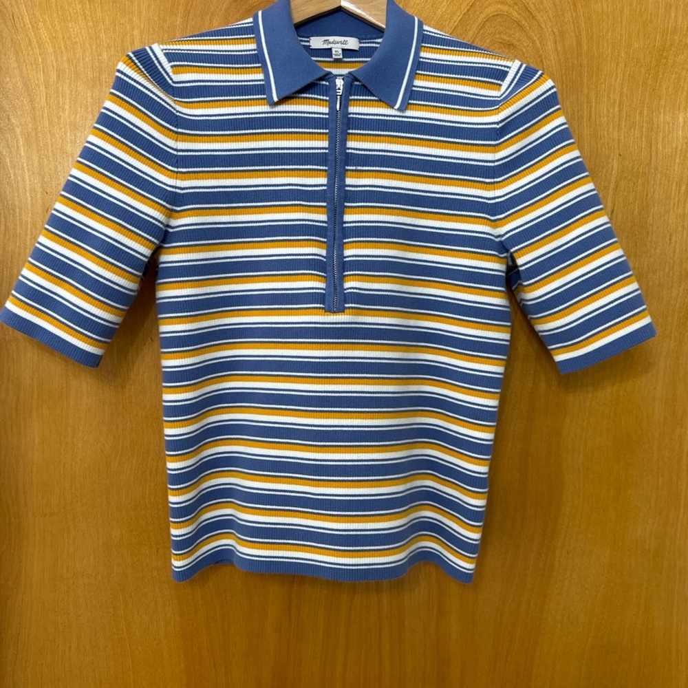 Madewell Half-Zip Knit Polo – Blue/Yellow Stripe, Size XL - Picture 2 of 5